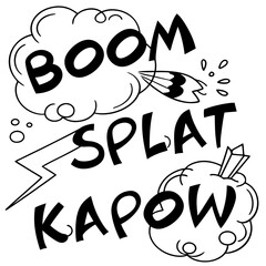 Dynamic comic book sound effects boom splat kapow in bold black lettering with cartoon style speech bubbles and action lines on a white background © Rabbi