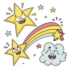 Whimsical cartoon stars and a happy cloud with a rainbow shooting star create a playful and energetic celestial scene