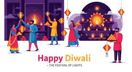 flat style illustration of people celebrating Diwali with lanterns, sweets, and oil lamps near a decorated altar, symbolizing joy, togetherness, and the festival of lights for festive greetings © meeblues