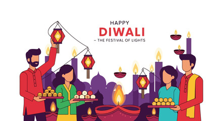 flat style illustration of people celebrating Diwali with lanterns, sweets, and oil lamps near a decorated altar, symbolizing joy, togetherness, and the festival of lights for festive greetings