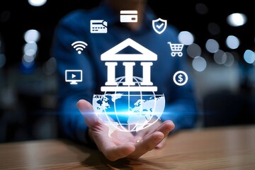 A hand holding a glowing globe with a bank icon and other financial icons floating around it shown