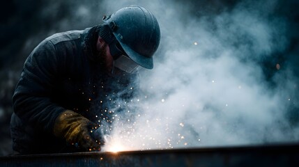A welder in protective gear intensely works on metal creating a shower of bright sparks and smoke