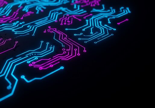 Abstract depiction of a circuit board with glowing blue and purple lines on black background.