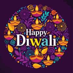 Illustration art of festive Diwali greeting with glowing oil lamps, floral ornaments, and fireworks, symbolizing celebration, joy, and the festival of lights for holiday cards and marketing