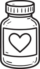 An outline drawing of a medicine bottle labeled with a heart symbol conveys a sense of health, love, and wellness. This stark image of a bottle, focusing solely on form.