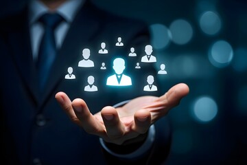 Man in suit holding glowing people icons in hand representing human resources and team management concept