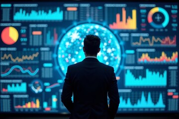 A businessman showcasing real-time financial analytics on a large interactive digital screen surrounded by colorful graphs and charts