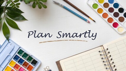 Creative Workspace for Productivity and Planning with Art Supplies, Notebook, and Green Plants on Wooden Table