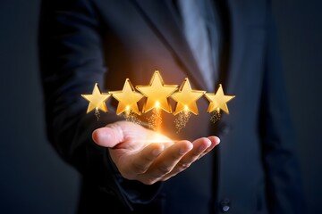 A hand holding five golden stars with sparkling effects against a dark suited background image design