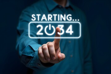 A person touching a glowing screen that says starting and the year two thousand thirty four in a rectangle
