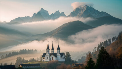 Fototapeta premium Landscape mountain range with a church in the foreground. Mountains are covered in a thick layer of fog generative AI