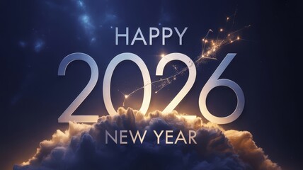 Happy New Year 2026 with a celestial constellation overlay and dramatic clouds.