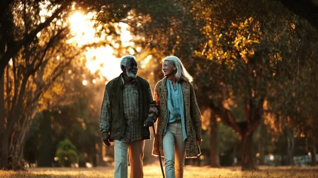 Golden Years: A loving elderly couple strolls hand-in-hand through a park bathed in the warm light of a setting sun, exemplifying enduring love, companionship, and shared experiences.