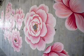 Close up of pink flower mural painted on a concrete wall with visible cracks and imperfections