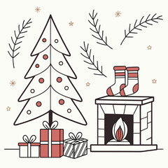 Cozy christmas scene with a decorated tree fireplace stockings and gifts in a simple line art style