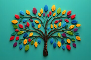 A colorful tree with leaves in various hues against a teal background in a flat lay composition