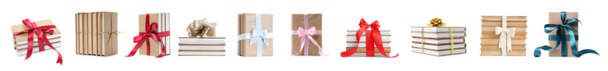 Set of many books tied with ribbons on white background
