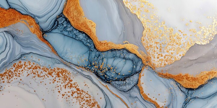Fluid Art Technique with Blue, Gold, and White Shades Creating a Stunning Decorative Background