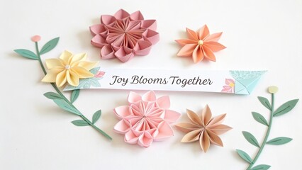 Colorful Paper Flowers in Pastel Shades with Green Leaves and a Banner that Says Joy Blooms Together