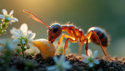 Red ant carries yellow food amidst small white flowers and green plants in soil. Close-up of insect foraging in natural environment. Ant interacts with delicate flora in outdoor setting.