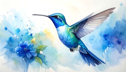 Obraz premium Watercolor illustration of a hummingbird and flowers