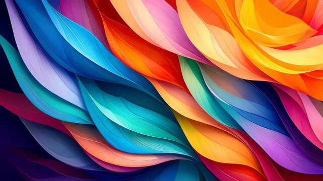 Abstract multicolored flowing leaf shapes illustration with vibrant gradient colors creating a dynamic and visually captivating composition.