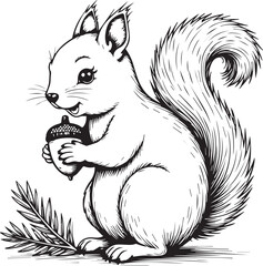 A delightful sketch of a squirrel holding an acorn. A detailed illustration showing the squirrel's fur, features, and the texture of the acorn in a simple black and white art.