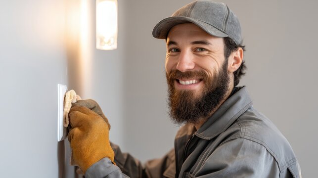 Smiling electrician in a cap wiping hands or socket after successfully finishing work