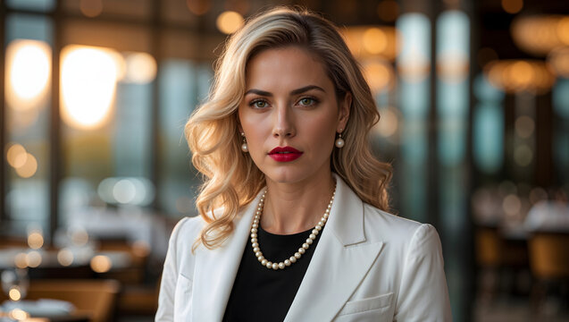 Portrait of a blonde woman with white blazer standing in a fine-dining restaurant generative AI