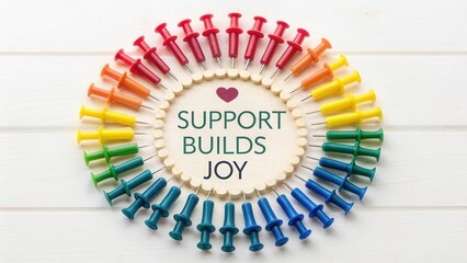 Colorful Push Pins Arranged in a Circular Pattern with a Wooden Placard Featuring an Inspirational Message of Support and Joy