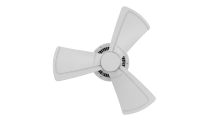 Isolated ceiling fan with three blades, view from above, indoors home appliance fixture