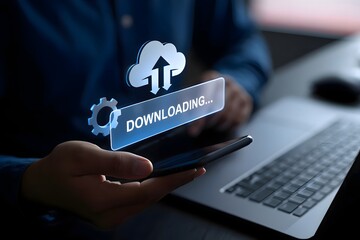 Person holding a phone with a downloading icon and laptop in the background showing data transfer