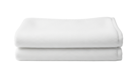 Isolated stack of folded white waffle-weave cotton towels, bathroom laundry spa textiles