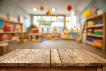 Fototapeta premium Empty wooden tabletop with blurred kindergarten playroom background