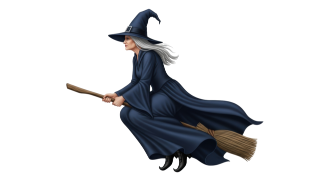 Isolated witch flying on a broomstick with a tall hat and long blue dress Halloween costume