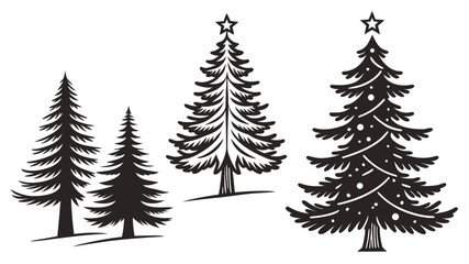 Obraz premium Christmas pine tree silhouette with star, black winter holiday tree vector illustration