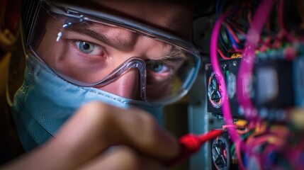 Close-up of Technician in Mask and Goggles Working on Electronic Circuit Board