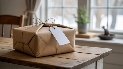 A neatly wrapped gift box tied with twine and a blank tag sits on a rustic wooden table.