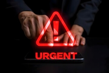 A hand tapping a smartphone with a red urgent warning sign displayed above the device on a black background