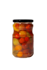 A glass jar filled with colorful pickled tomatoes, herbs, and spices, isolated on a transparent background, representing homemade preservation and organic food