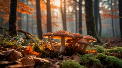 Misty autumn forest with detailed mushrooms on moss, warm sunlight and harmonious colors. Perfect for nature and seasonal designs.