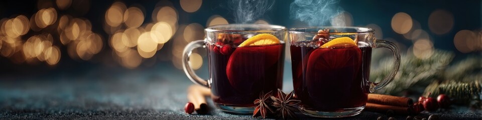 Two Mugs of Mulled Wine with Orange and Spices on Festive Bokeh Background