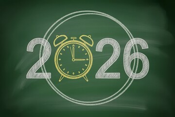 A chalkboard displays the year 2026 with an alarm clock in the center, symbolizing the passage of time and future planning.