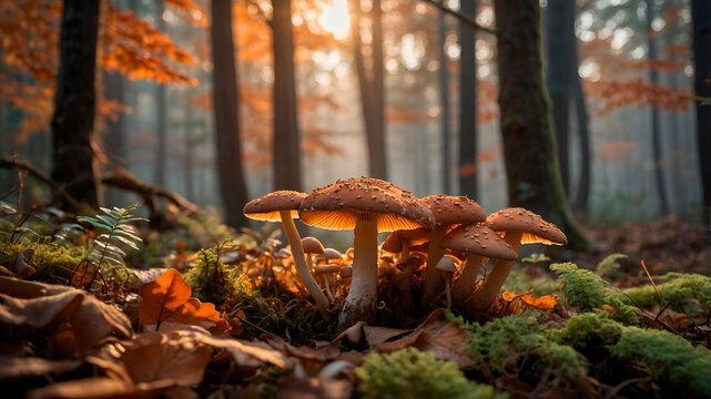 Misty autumn forest with detailed mushrooms on moss, warm sunlight and harmonious colors. Perfect for nature and seasonal designs.