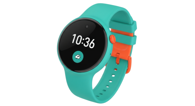 Isolated modern smartwatch on display showing ten thirty-six for time on digital screen