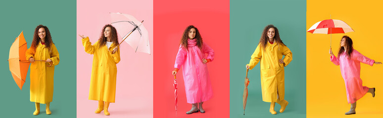 Set of African-American woman in raincoat, with umbrellas and rubber boots on color background
