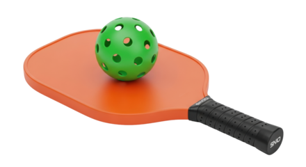 Isolated pickleball paddle and ball for recreation, sports and fitness activities on court