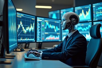 Analyzing Business Trends: Robot in Suit at Desk Surrounded by Computer Screens with Data Graphs Making Calculated Decisions