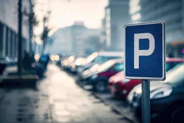 Blue Metal City Street Parking Sign with Blurred Traffic