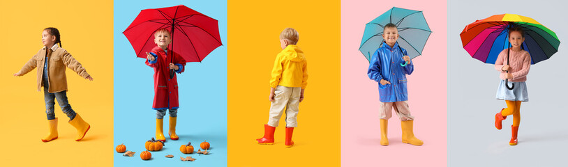 Collage of little children in rubber boots, with umbrellas and pumpkins on color background